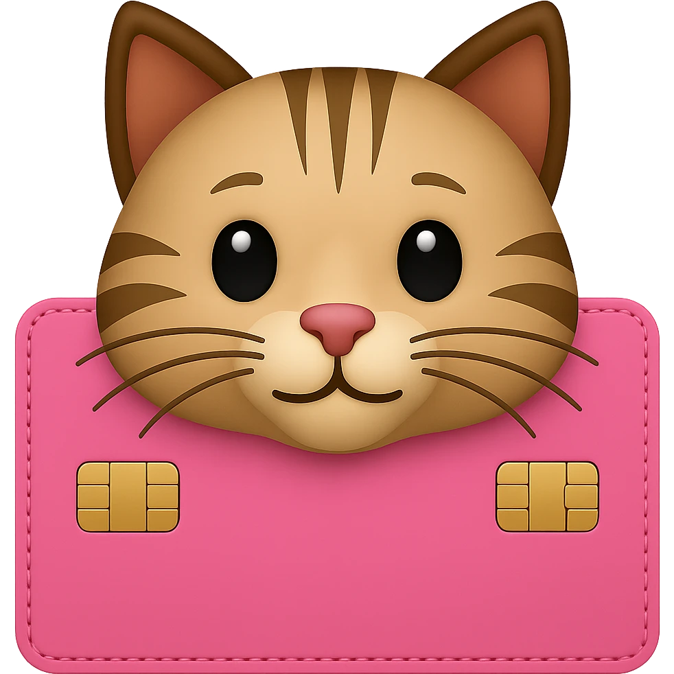 A pink credit card with a different cat, emoji style emoji
