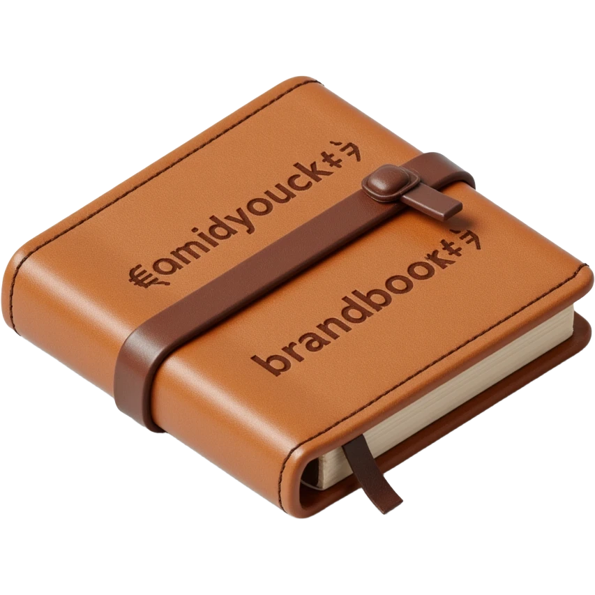 leather-bound notebook with stitching and 'brandbook' in bold written on it, skeuomorphism icon style emoji