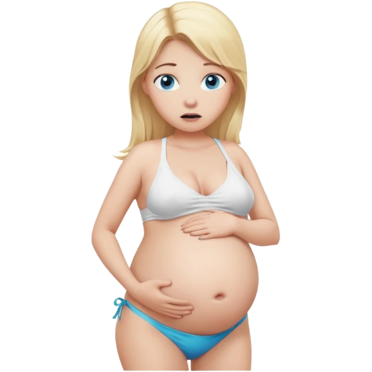White girl, long blonde ponytail, blue eyes, huge pregnant belly, full body, white bikini, scared expression, front view. emoji