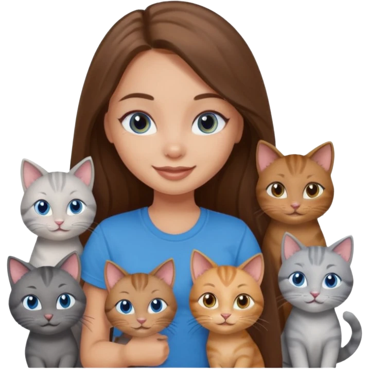 a pretty bratz dusky light skin girl with long brown hair, blue eyes with six cats nd wearing a grey tshirt emoji