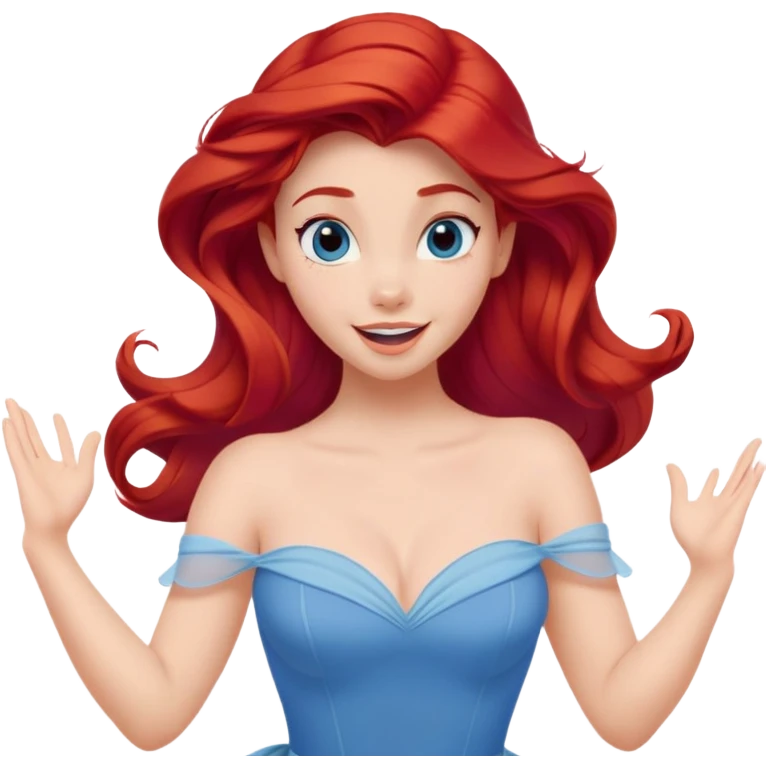 Disney human Ariel with red hair, twirling in her blue dress, excited expression emoji