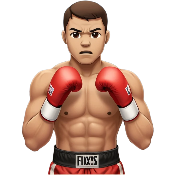 An icon showcasing a boxer in the ring, fists raised and ready for action. The background features a boxing arena with bright lights, a cheering crowd, and the ropes of the ring. The boxer's intense focus and powerful stance highlight the strength and determination of the sport.  emoji