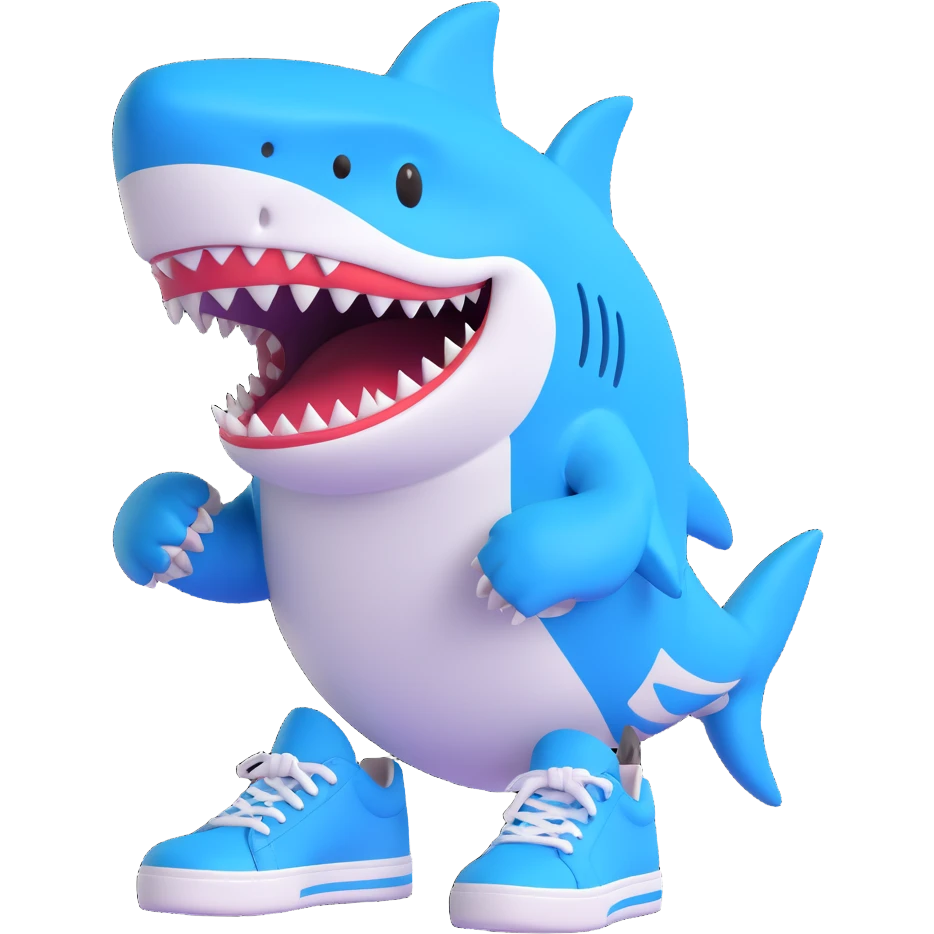 shark wearing blue sneakers, emoji style, transparent background emoji