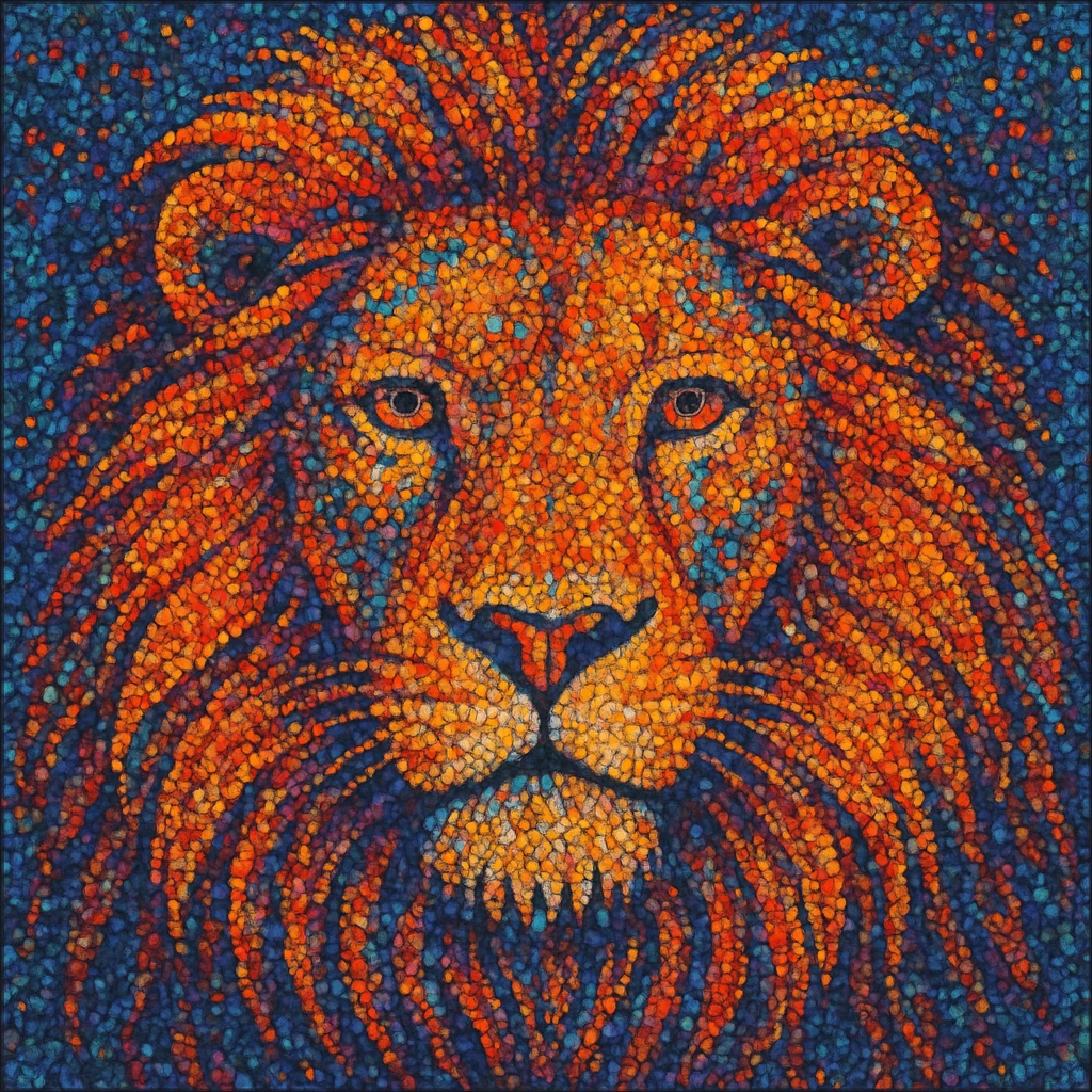 A majestic lion's face with a detailed mane, created using hundreds of small colorful dots that blend together to form a striking portrait emoji
