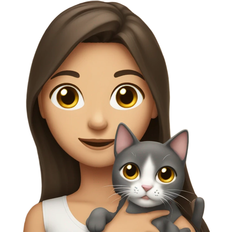 portrait of a beautiful brunette girl holding a cat emoji