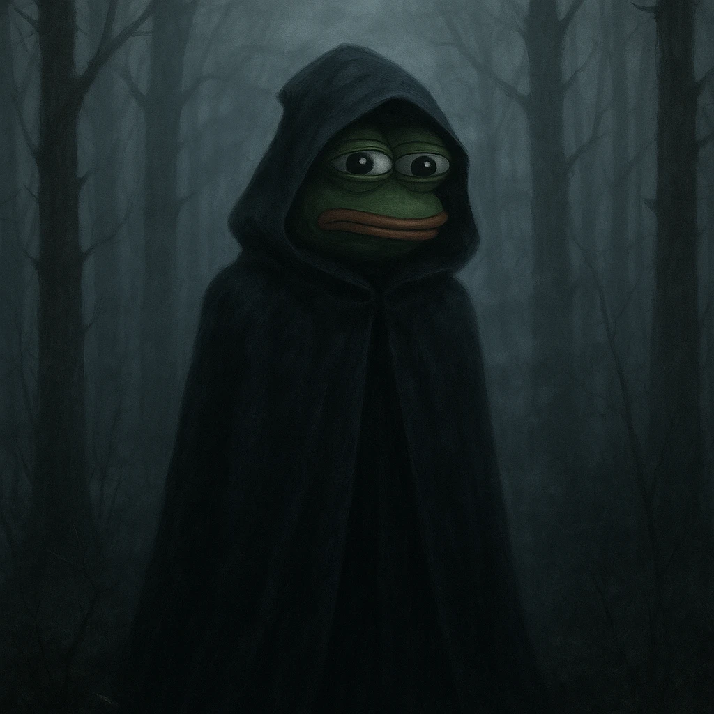 Пэпэ with a dark cloak and a mysterious aura, standing in a foggy forest emoji