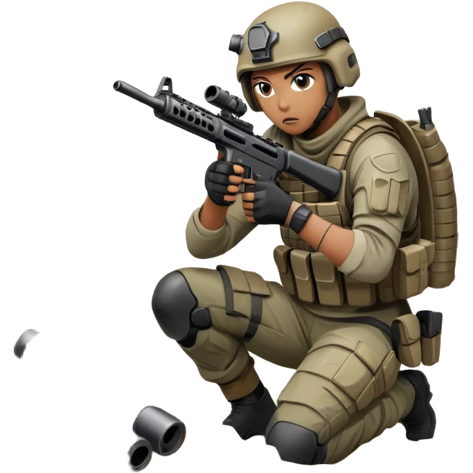 A skilled airsoft player in tactical gear, aiming a gun and shooting metal BBs in a desolate, ruined landscape. The setting is filled with broken walls and debris, creating a tense atmosphere of strategy and precision in a high-stakes tactical environment emoji
