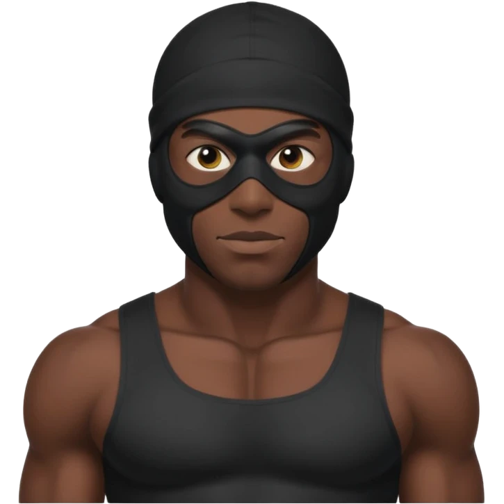 smug muscular african male black ski mask wearing guy with no top. wears a full ski mask with only eyes revealed emoji