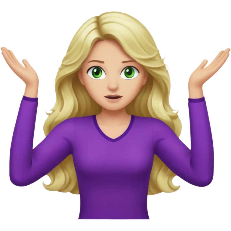 lady with long blonde wavy hair, green eyes and purple top top throwing arms in the as if confused emoji