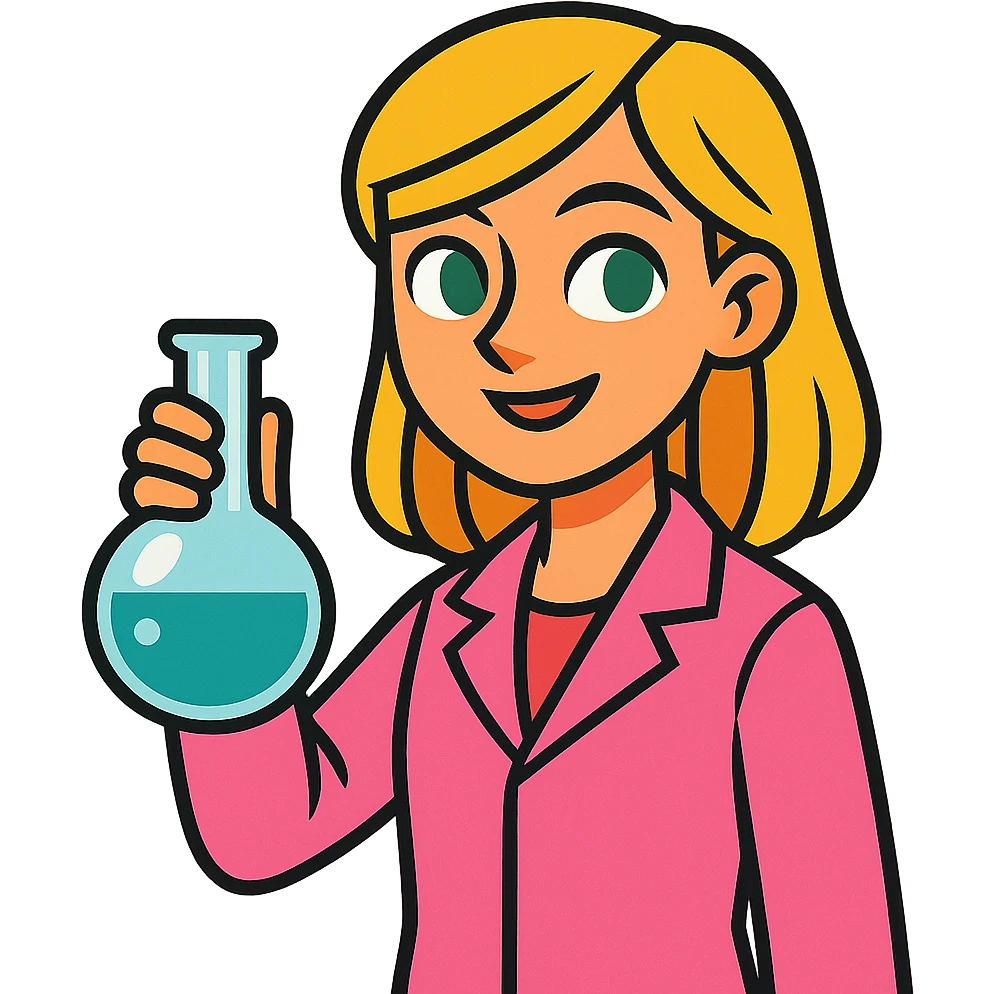 blonde girl with green-grey eyes, wearing a pink lab coat, holding a flask emoji