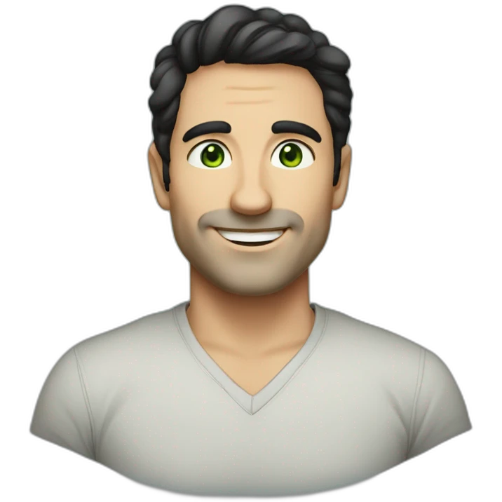 Man 42 years old, caucasian, black hair, Green eyes, smiling emoji