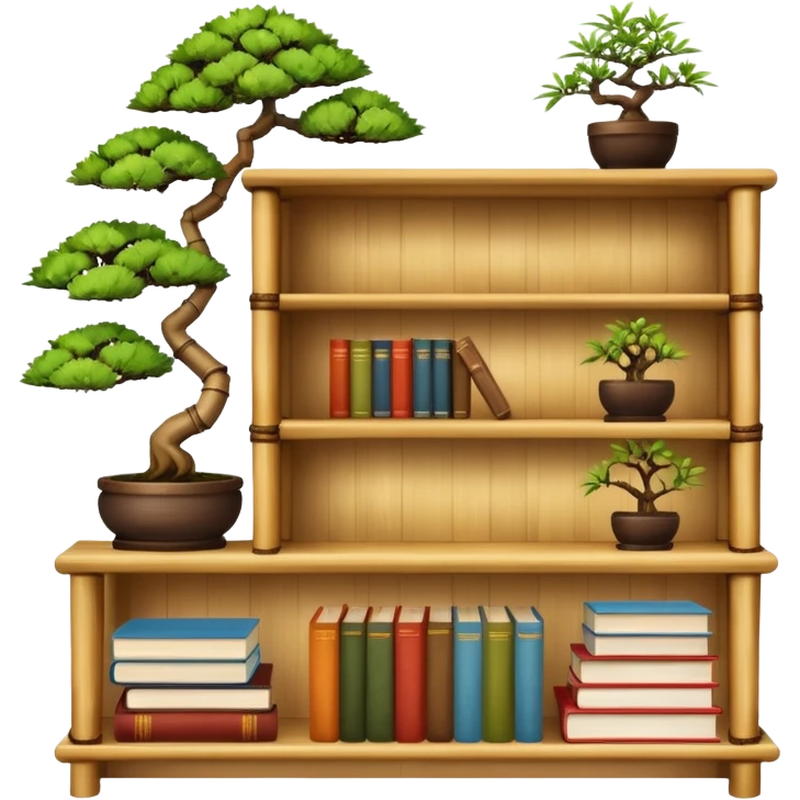 Wooden shelving unit with books and decorative items and bonsai made of thin dried bamboo  emoji