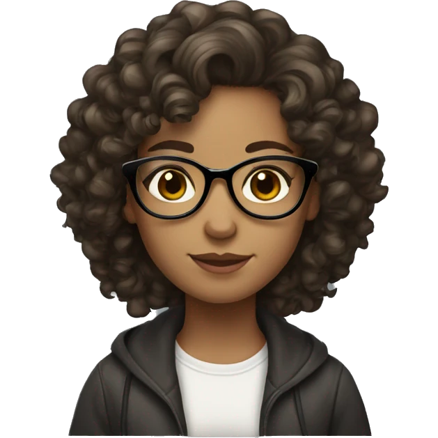A girl with curly brown hair, brown eyes, Black glasses, freckles White skin Long hair emoji