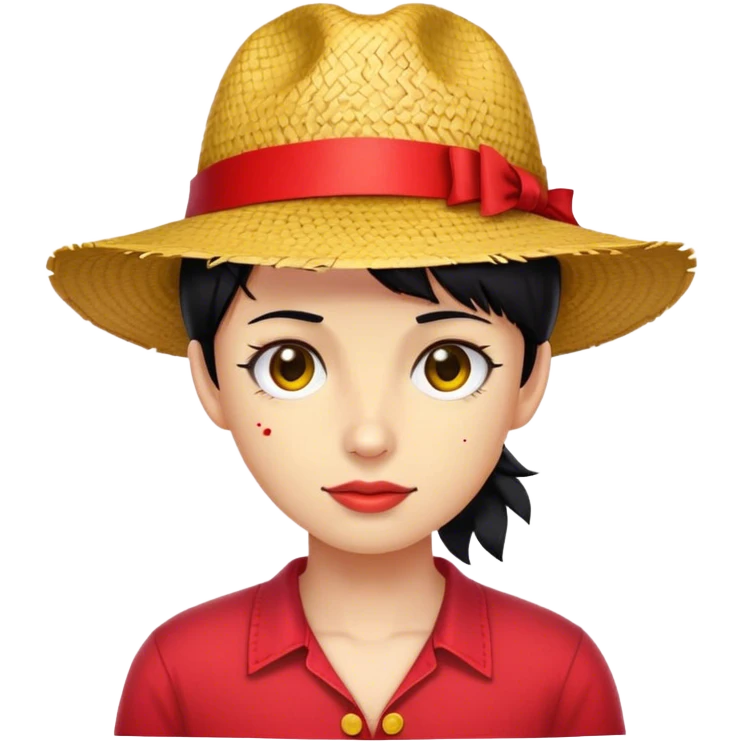 Black hair, straw hat with red robbion, red shirt with yellow buttons, stitched scar under Right eye. emoji