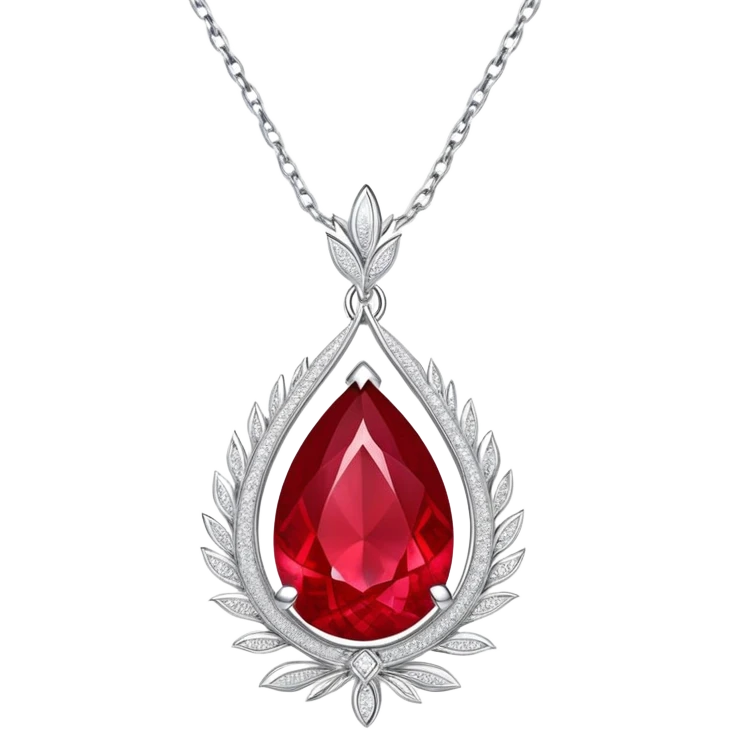 conceptual and ethereal teardrop ruby pendant with fiery light, a tiny phoenix feather emerging, haloed by shimmering white stones, and a silver chain, symbolizing rebirth emoji