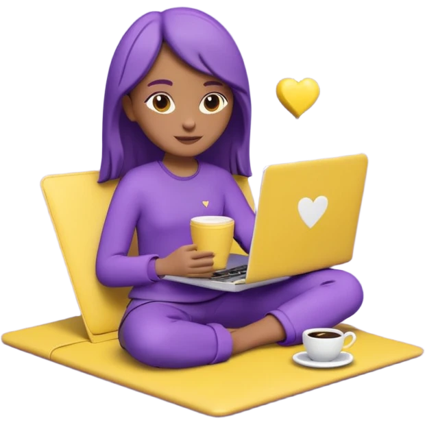 3D clay character relaxed with laptop and coffee, floating icons (envelope, heart, dollar), purple (#8B5CF6) outfit, bright yellow (#FBBF24) icons, white laptop, Pixar style, transparent background emoji