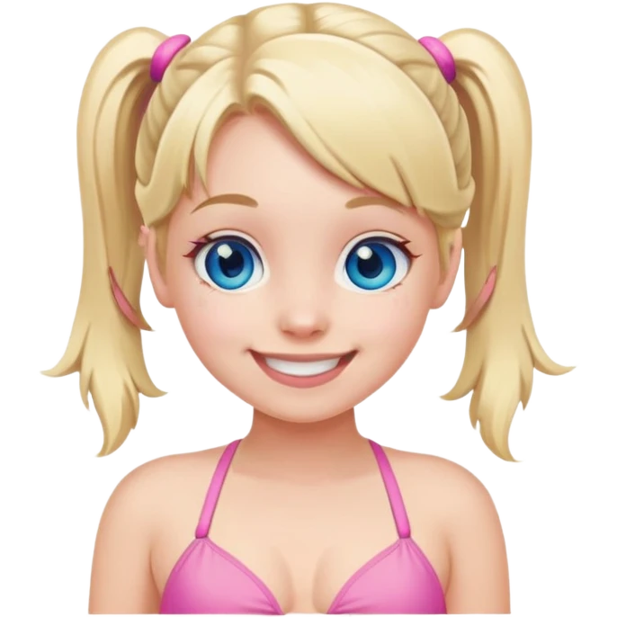 Blonde girl with pigtails, blue eyes, wearing a pink bikini, smiling emoji