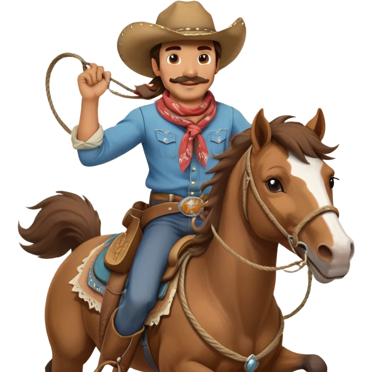 clash-of-clans-aesthetic_-cinematic-playful-cowboy-portrait-emoji, head-tilted with a roguish, cheeky grin and twinkling eyes, featuring a rugged, spirited build with a wide-brimmed cowboy hat and a weathered bandana on tan skin, brown hair and a moustache , riding a powerful galloping horse with dynamic flowing mane, reins gripped firmly in one hand and a lasso in the other, as dust swirls behind them in a vast desert landscape. emoji
