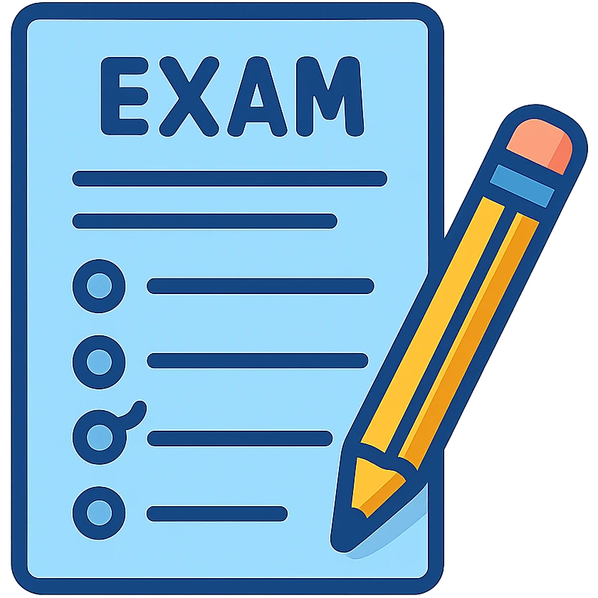 flat toon style blue exam paper with pencil emoji