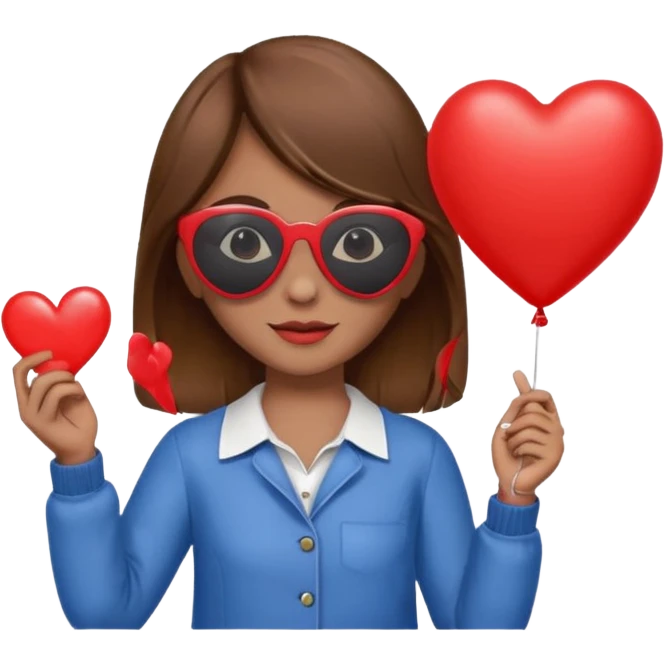 brown hair girl with sun glasses holding red heart balloon emoji