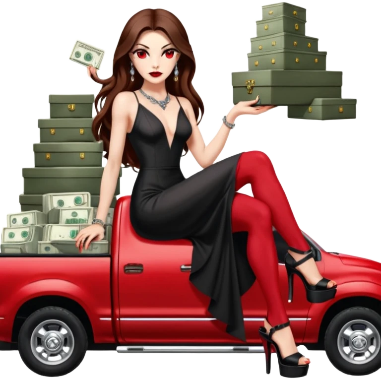 Lilith symbol red eye seductress evil long brown haired sexy succubus woman. Wearing Chanel  long dress with slit, sitting on top of a  giant lifted F350 pickup truck. Black Platform heels on feet. Back of truck full of stacks of cash, sitting behind her is  ahold stacks emoji
