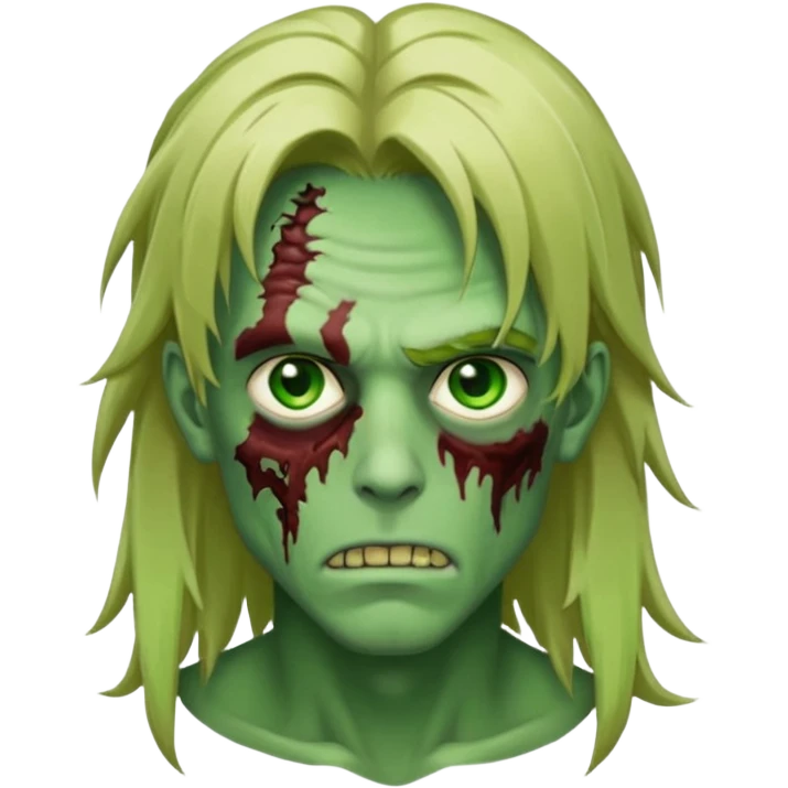 handsome male zombie with green skin, dirty blonde long anime hair, green eyes, facing forward, iOS emoji style emoji