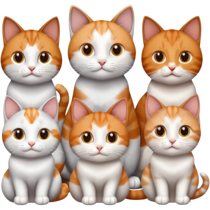 6 cats with different coloured coats, 2 are grey and white, 1 is grey with a little white, 1 calico, 1 brown tabby and white and one ginger and white emoji