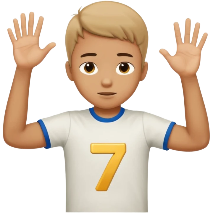 Boy doing 67 with hands in the air up to his chest and he is holding 6 in one hand and seven in the other emoji