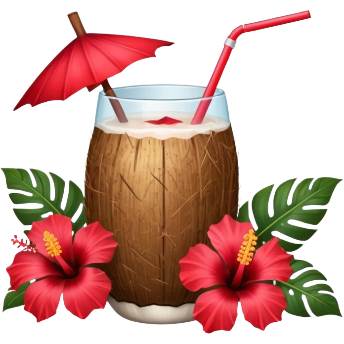 coconut drink with red flowers and summer vibe emoji