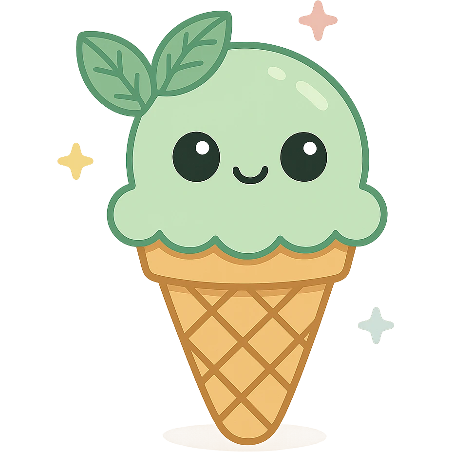cute illustration of mint ice cream cone, crunchy cone, light green ice cream scoop, mint leaf details, cartoon style emoji