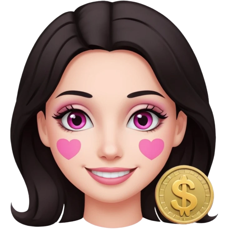 fair-skinned woman with dark hair, dollar sign ($) eyes, smiling, pink brush emoji