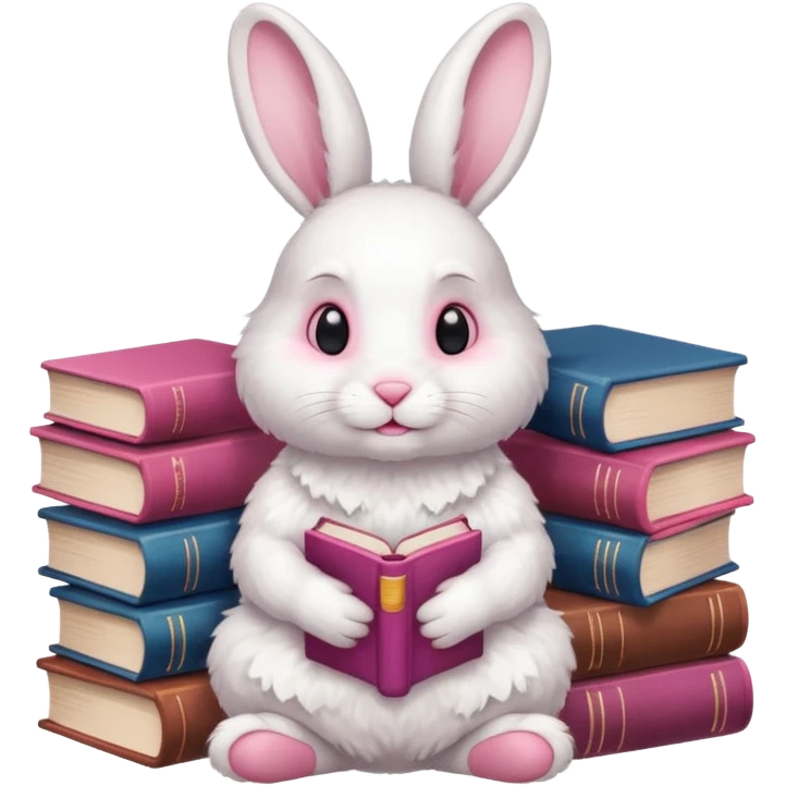 White rabbit sitting on 4 legs next to a stack of books consisting of 3 books emoji