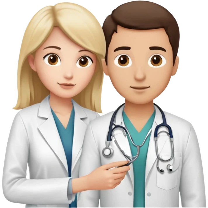 Female doctor in white coat using stethoscope to examine male patient's bare upper body during medical check-up emoji