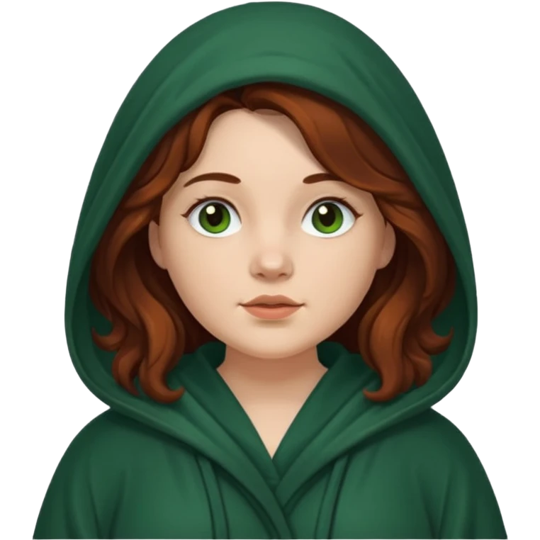 A white woman with a chubby face, with long dark auburn hair robed and hooded like she's a Traitor in the tv show The Traitors. her hair is slightly curly, but kinda frizzy, not with defined curls, and the robe is a very dark green color emoji