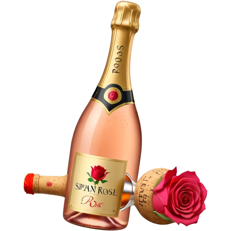 bottle of sparkling rosé champagne with a rose logo on the label, with the cork popping out from the top, tilted up and to the left, no glass emoji
