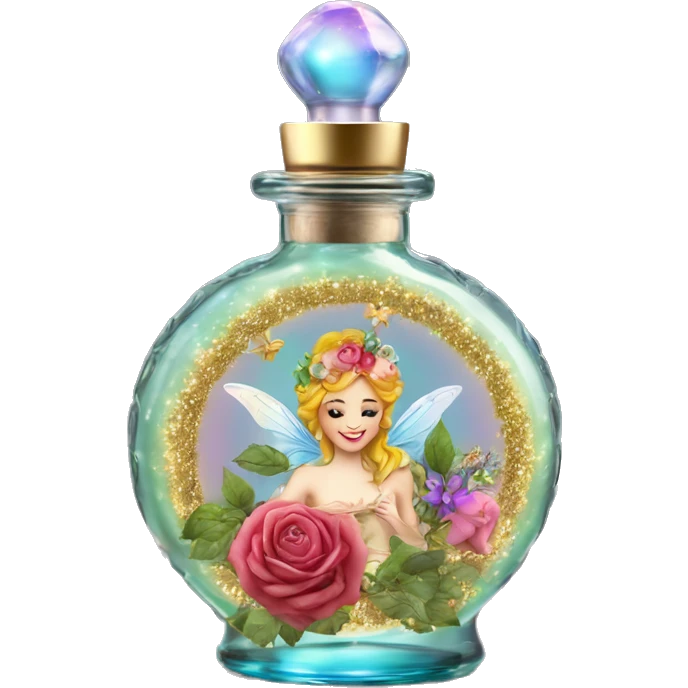 Rainbow magic fairy sparkling old Antique oil perfume bottle with herbal and rose flowers emoji