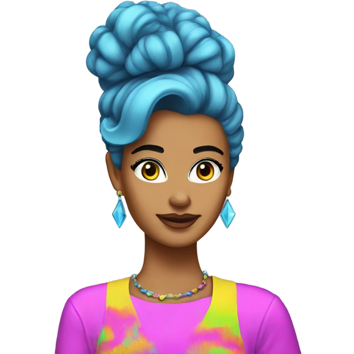 Tanned woman with black hair dressed in 1980s neon hair, makeup, and attire  emoji