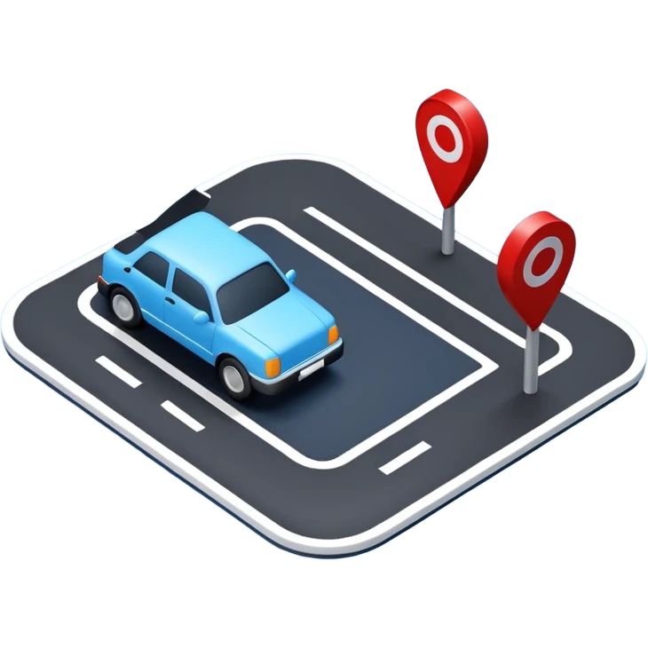 
A 3D minimal icon showing a street route to a destination, with a blue road, white and black vehicles, and small red accents for alerts. The style is clean, minimal 3D, with a transparent background. emoji