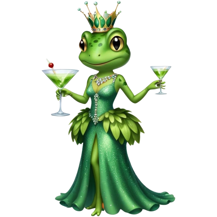 Lady frog in sparkly dress, boa, with a martini glass  emoji