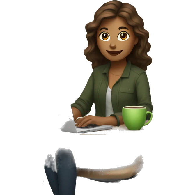 female designer with brown hair works on a computer and holds matcha tea in her hands emoji