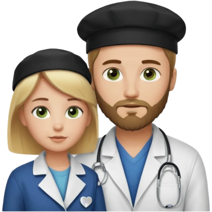 a blonde bearded guy wearing black cap, tall, fair skinned, brown eyes,  looking into the girls eyes who is short than him having green eyes and brown hair, who is in love with the guy, girl is wearing a lab coat, guy is wearing a brown jacket and blue jeans emoji