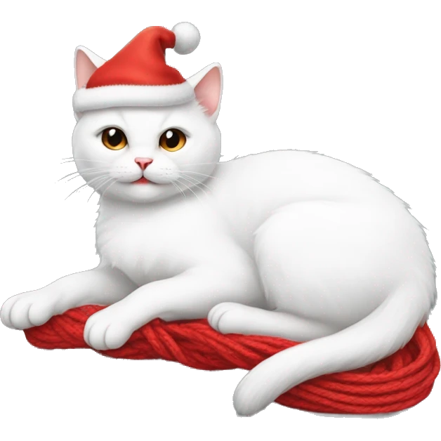 white cat on its back wearing a christmas hat playing with a ball of red yarn emoji