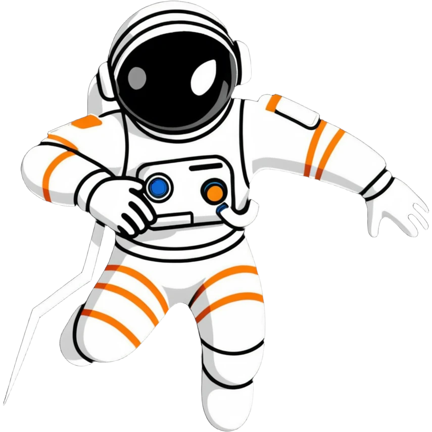 Stylized futuristic astronaut in mid-flight pose, heroic silhouette, dynamic diagonal motion lines emoji