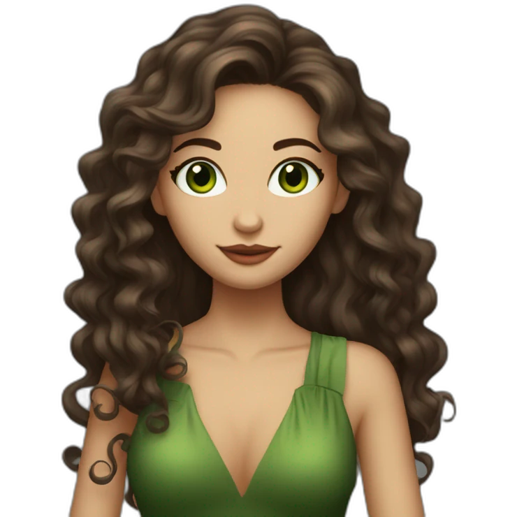 Skinny brunette with green eyes, long hair and styling curls with a glass of wine in her hand emoji