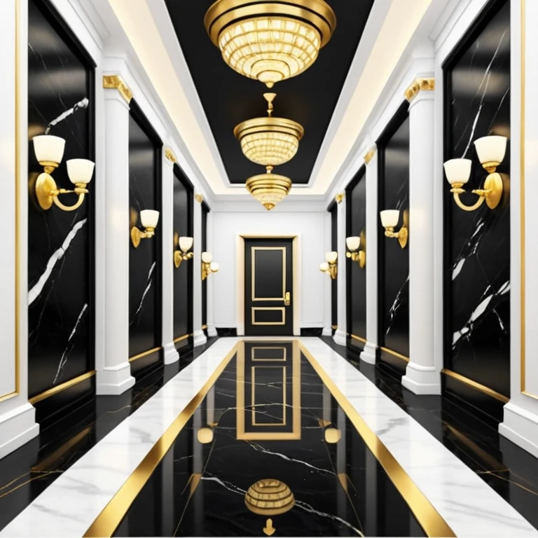 Luxurious black marble hallway with gold and white accents  emoji