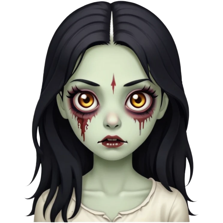 zombie girl, with big brown eyes, big eyelashes and black eyeliner, black long hair emoji