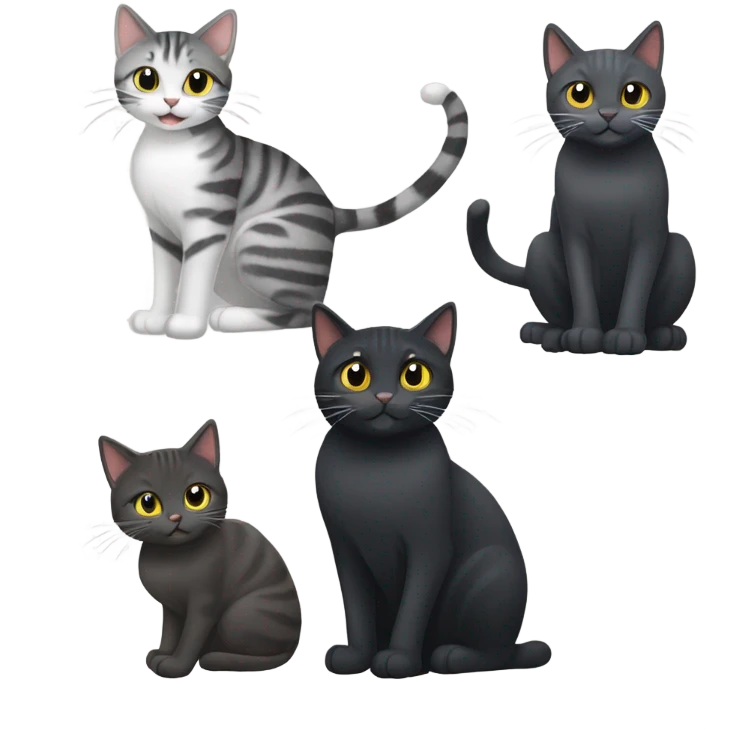 Two black cats and one grey tabby cat playing emoji