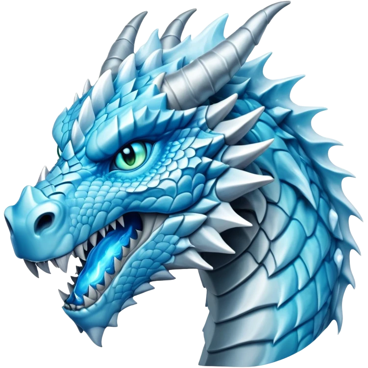 Cinematic Noble Fierce Ice Dragon Portrait Emoji, Poised and imposing, with a muscular, scaled body shimmering in glacial hues of icy blue, frostbitten silver, and crystalline white, and piercing, glowing eyes that radiate the chilling depths of an arctic storm; rendered in detail. emoji
