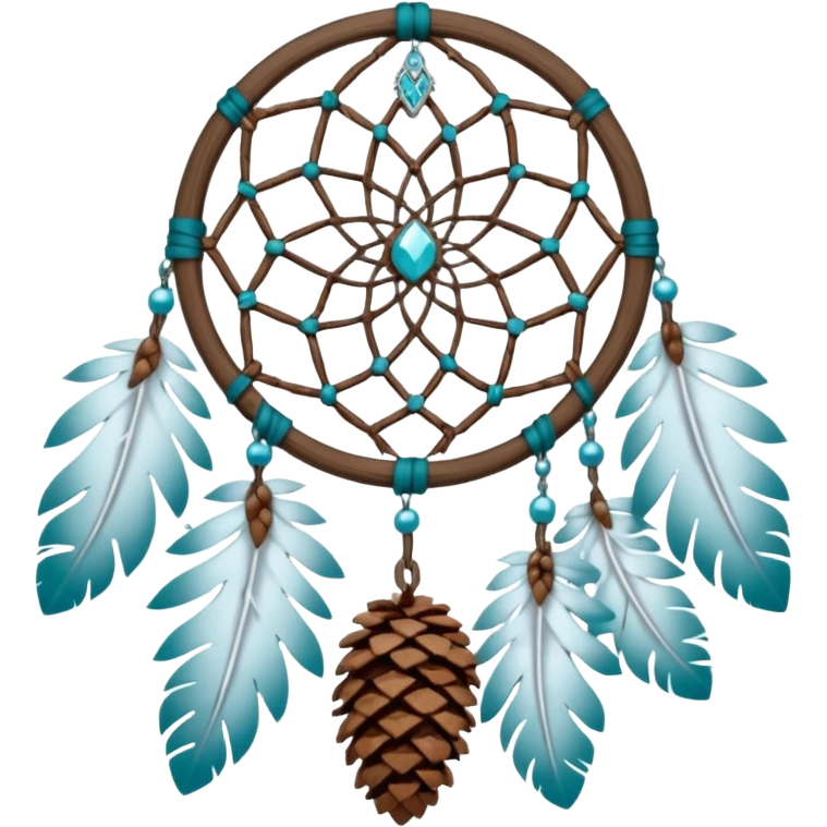 Winter-themed snow-covered spruce pine wooden pinecone dreamcatcher with white feathers, silvery chains and teal leaves emoji