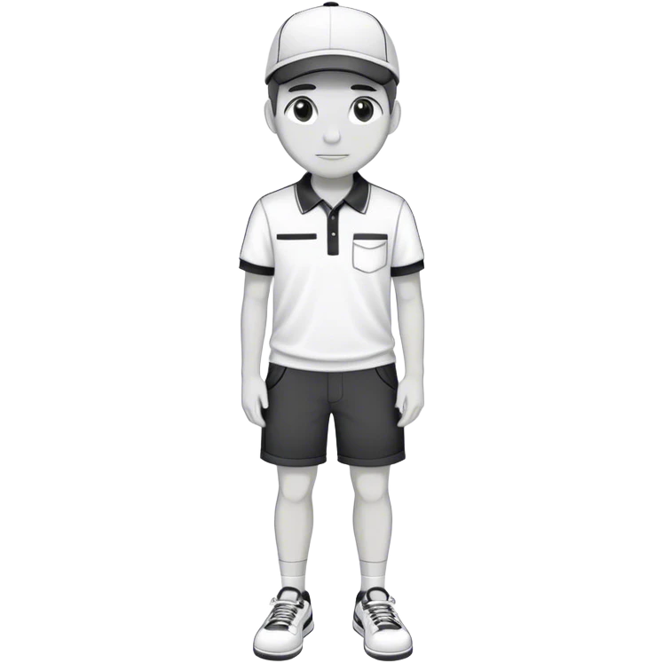 Pool attendant, wearing a cap, polo shirt, shorts, and sneakers, in a simple black and white outline style. No facial features. Zero facial fetures. featureless face emoji